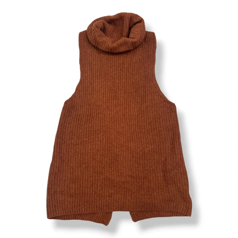 Free People Earthy Lambswool Sweater Vest L Rust Turtleneck Split Back Autumn